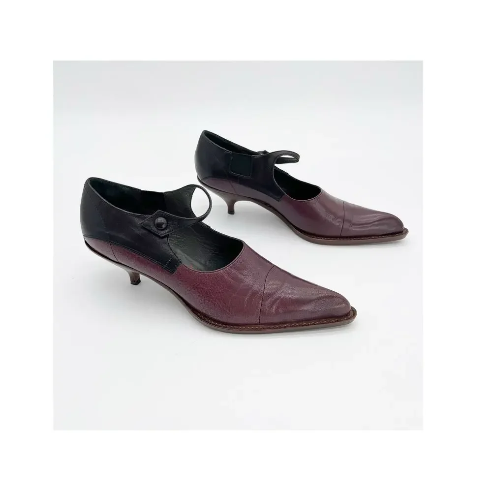 Miu Miu 90s Vintage Burgundy Black Leather Mary Jane Kitten Heel Pumps IT 37.5